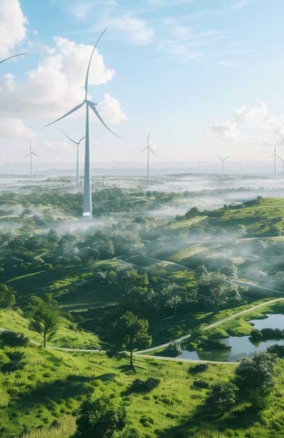 Wind turbines in lush forest. PEM vs Alkaline Electrolyzers