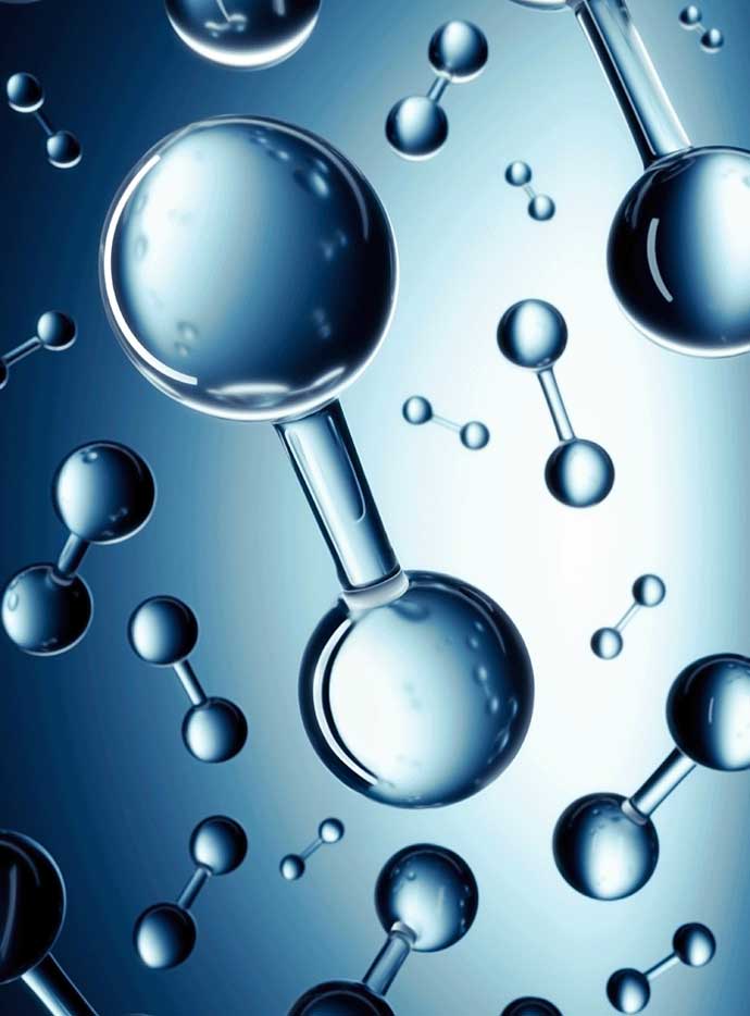 Hydrogen Molecules floating on blue background.